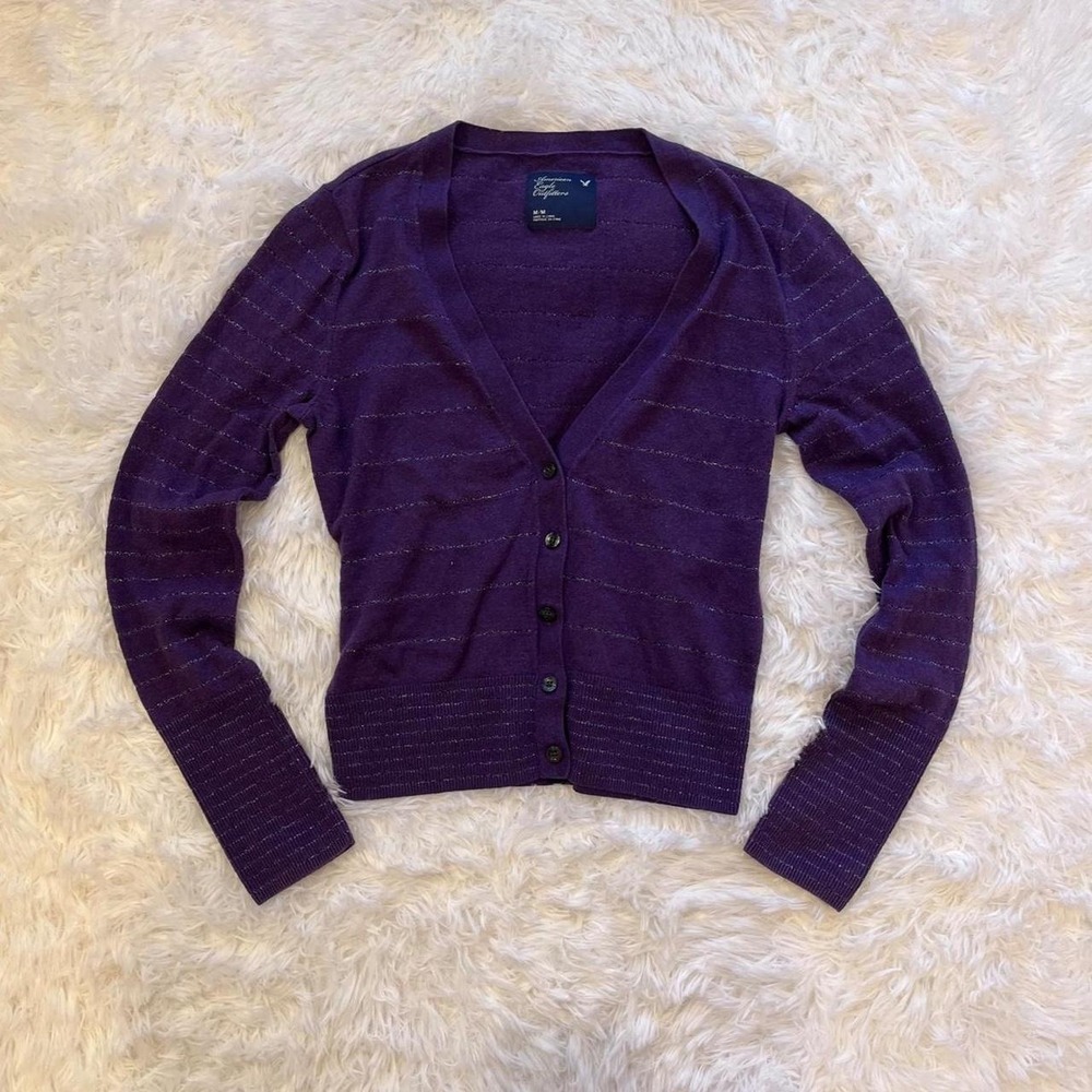 Y2K Purple V-Neck Striped Button Up Cardigan Sweater Medium